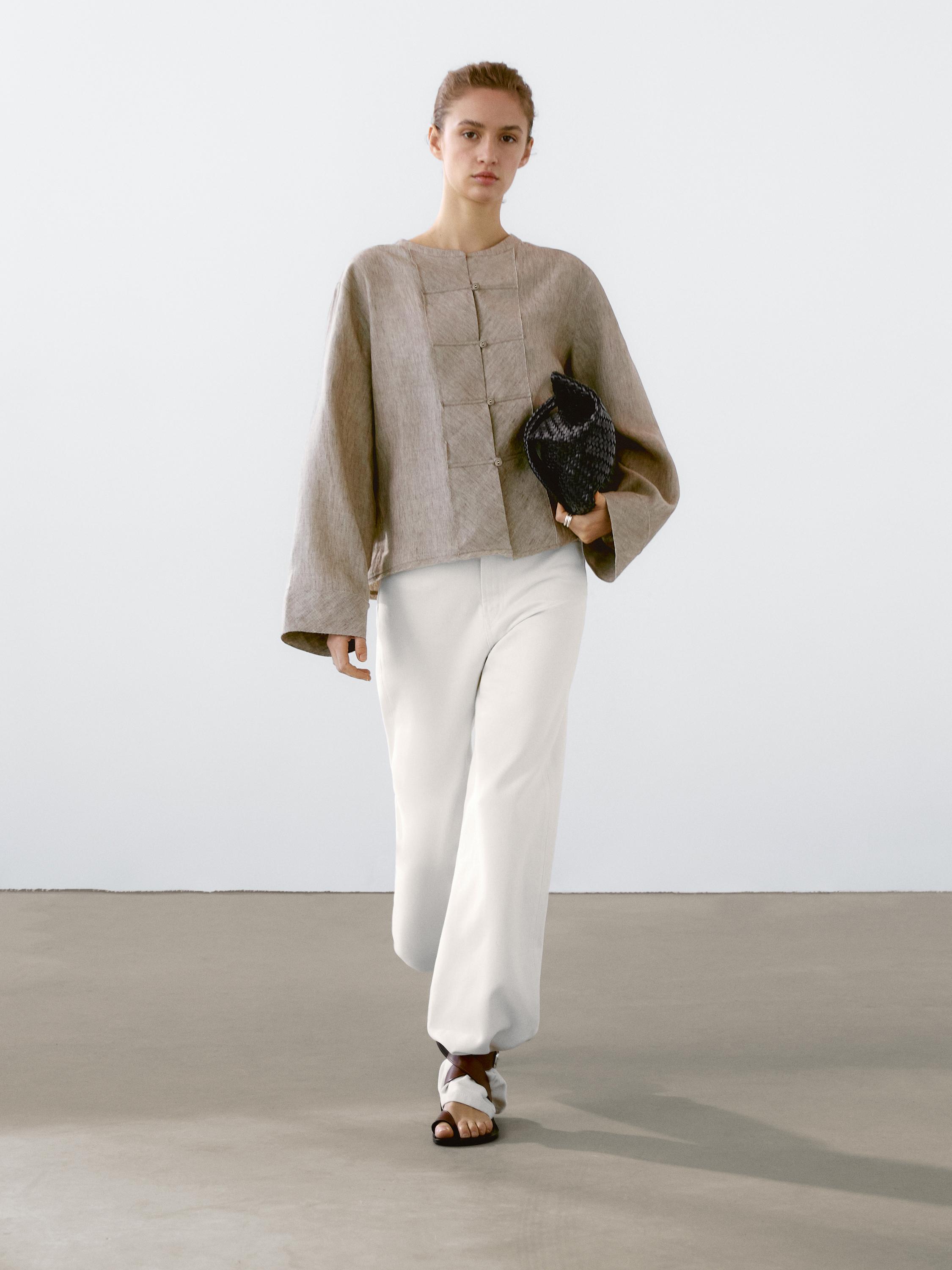 Chemisier à col mao 100 % lin chiné